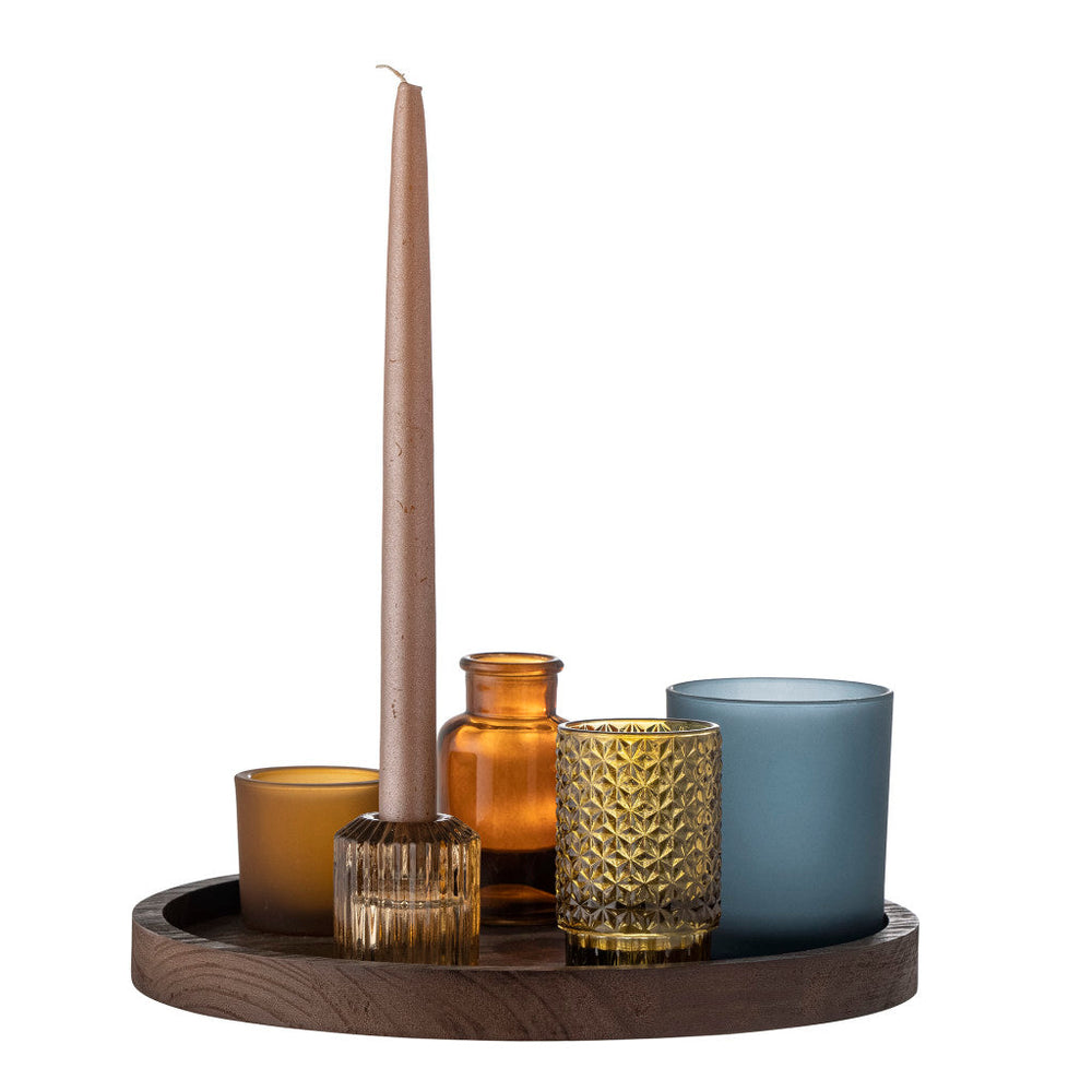 Bloomingville Sanga Cozy Glass Candle Holders Set with Wood Tray