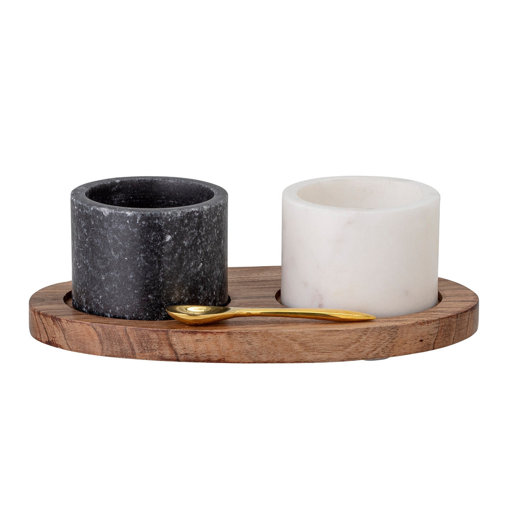 Bloomingville Floria Black White Marble Design Salt Pepper Holders with Spoon Acacia Wooden Tray Stand Kitchen Homeware Elegant Look Design