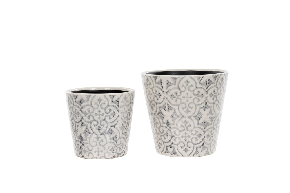 London Ornaments grey floral vintage look ceramic flower plant pot set of 2